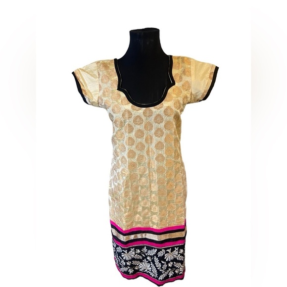 Beautiful Cream Gold Kurta With Pink Black Gold Embroidery at Bottom - Picture 2 of 15